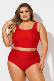 Plus Size Red Solid Square Neck Bikini Top