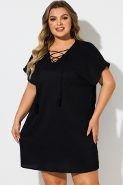 Black V-Neck Lace Up Cover Up Dress