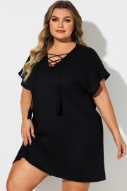 Black V-Neck Lace Up Cover Up Dress