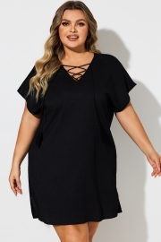 Black V-Neck Lace Up Cover Up Dress