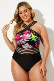 High Stretch Crisscross Neck Mesh One Piece Swimsuit