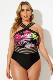 High Stretch Crisscross Neck Mesh One Piece Swimsuit