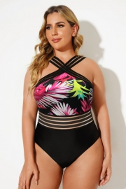 High Stretch Crisscross Neck Mesh One Piece Swimsuit