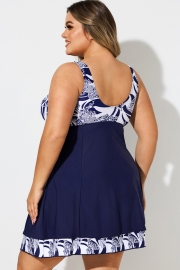 Blue & White V-Neck Floral Print Tie Front Swimdress