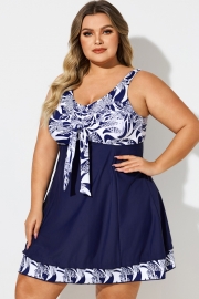 Blue & White V-Neck Floral Print Tie Front Swimdress