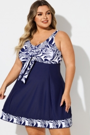 Blue & White V-Neck Floral Print Tie Front Swimdress