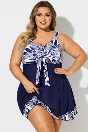Blue & White V-Neck Floral Print Tie Front Swimdress