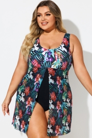 Tropical Floral Print V-Neck Split Hem Swimdress