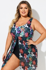 Tropical Floral Print V-Neck Split Hem Swimdress