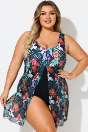 Tropical Floral Print V-Neck Split Hem Swimdress