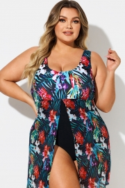 Tropical Floral Print V-Neck Split Hem Swimdress