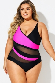 Plus Size V-Neck Colorblock One Piece Swimsuit