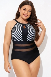 High Neck Striped Mesh Slimming Halter One Piece Swimsuit