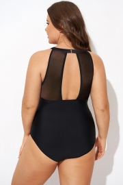 High Neck Striped Mesh Slimming Halter One Piece Swimsuit