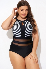 High Neck Striped Mesh Slimming Halter One Piece Swimsuit