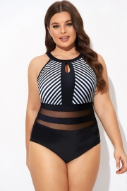 High Neck Striped Mesh Slimming Halter One Piece Swimsuit