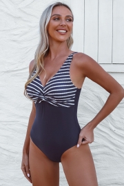 Blue V-Neck One-Piece Swimsuit