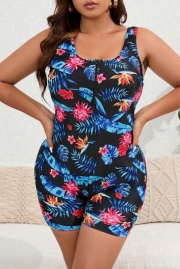 Plus Tropical Print Zip Front One Piece Swimsuit