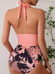 Pink Floral Print Halter One Piece Swimsuit