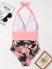 Pink Floral Print Halter One Piece Swimsuit