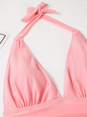 Pink Floral Print Halter One Piece Swimsuit
