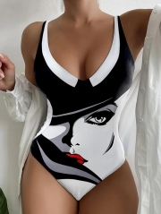 Face Portrait Print Scoop Neck One Piece Swimsuit