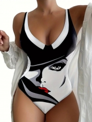 Face Portrait Print Scoop Neck One Piece Swimsuit