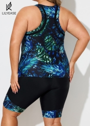 Women Plus Size Plants Print Scoop Neck Stretch Tankini Set
