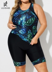Women Plus Size Plants Print Scoop Neck Stretch Tankini Set