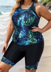 Women Plus Size Plants Print Scoop Neck Stretch Tankini Set
