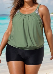 Plus Size Striped Faux Layer Adjustable Tankini Top