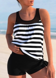 Plus Size Black And White Striped Print Sports Tankini Top