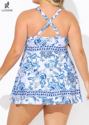 White And Blue V-Neck Floral Patterns Swimdress Set