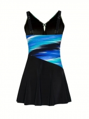 Blue Trendy Ombre V-Neck Flattering  Swimdress Top