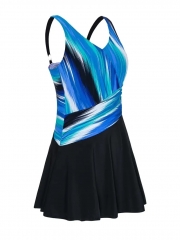 Blue Trendy Ombre V-Neck Flattering  Swimdress Top