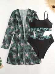 Tropical Print Contrast Trim Scoop Neck Bikini Set
