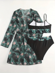 Tropical Print Contrast Trim Scoop Neck Bikini Set