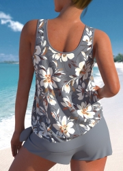 Plus Size Bowknot Grey Floral Print Tankini Set