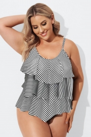 Plus Size Black Striped Layered Tankini Top