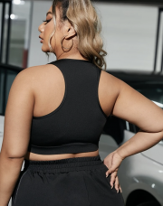 Plus Size Black Half Zip Crop Bikini Top