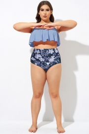 Blue Floral Print High Waist Women Bikini Bottom