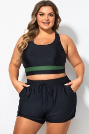Plus Size Round Neck Green Patchwork Bikini Top