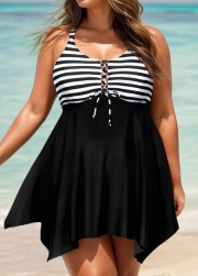 Black And White Striped Tie-Front Drawstring Asymmetrical Hem Swimdress Top