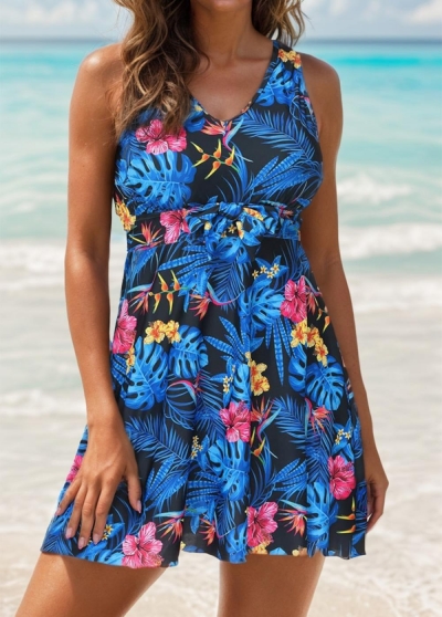 Romantic Blue Floral Print Back Cross Flowy Swim Dress Set