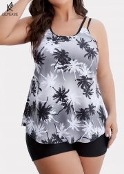 Plus Size Black And White Plants Print Double Straps Modest Tankini Top
