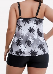 Plus Size Black And White Plants Print Double Straps Modest Tankini Top