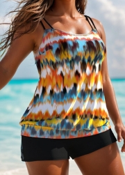 Stylish And Flattering Yellow Tie Dye Adjustable Double Straps Tankini Top