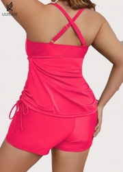 Drawstring Stylish Pink Twisted Front Women Tankini Set