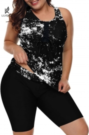 Plus Size Tie Dye Black Racerback Modest Tankini Top