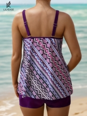 Plus Size Romantic Purple Geometric Casual Tankini Set